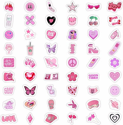 BulbaCraft 100Pcs Y2K Stickers Pink for Water Bottle and Laptop - Y2K Party Supplies & Decorations, Waterproof Vinyl Decals, 2000s and Aesthetic Stickers, Gifts for Women & Men