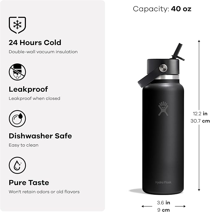 Hydro Flask Water Bottle - Insulated Stainless Steel - Wide Straw Lid, Non Spill, Leakproof in 40 Oz Popstar Pink