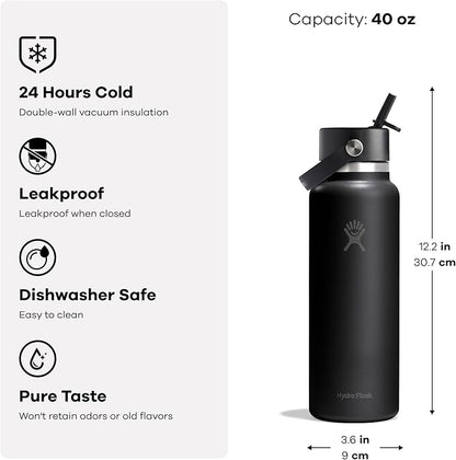 Hydro Flask Water Bottle - Insulated Stainless Steel - Wide Straw Lid, Non Spill, Leakproof in 40 Oz Tonal Black