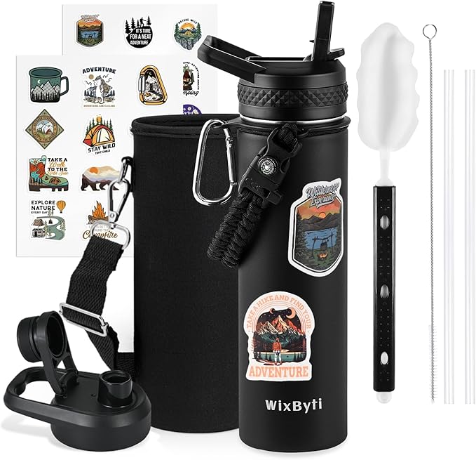 20 oz Insulated Water Bottle with Straw (Cold for 24 Hrs), Stainless Steel Triple Wall Vacuum Sports Water Jug, Leakproof Hydro Cup Flask with Paracord Handle & Straw Spout Lids & DIY Stickers