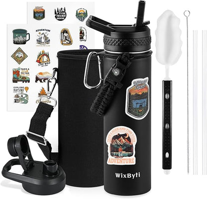 20 oz Insulated Water Bottle with Straw (Cold for 24 Hrs), Stainless Steel Triple Wall Vacuum Sports Water Jug, Leakproof Hydro Cup Flask with Paracord Handle & Straw Spout Lids & DIY Stickers