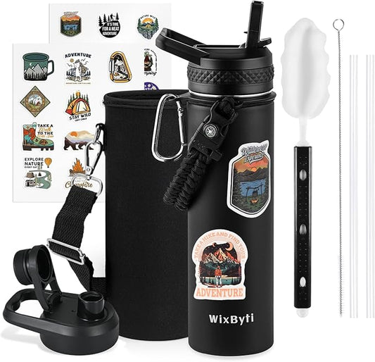 20 oz Insulated Water Bottle with Straw (Cold for 24 Hrs), Stainless Steel Triple Wall Vacuum Sports Water Jug, Leakproof Hydro Cup Flask with Paracord Handle & Straw Spout Lids & DIY Stickers