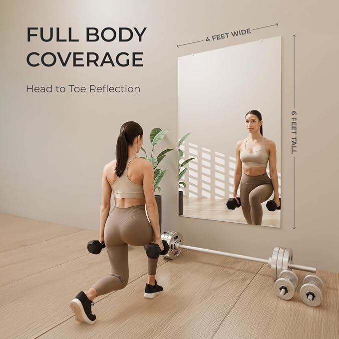 Fab Glass and Mirror Large Gym Mirror for Home Gym 48x32 - Full Length HD Tempered Glass Wall Panel - Professional Workout Display with Safety Backing - 1/4 Inch Commercial Grade