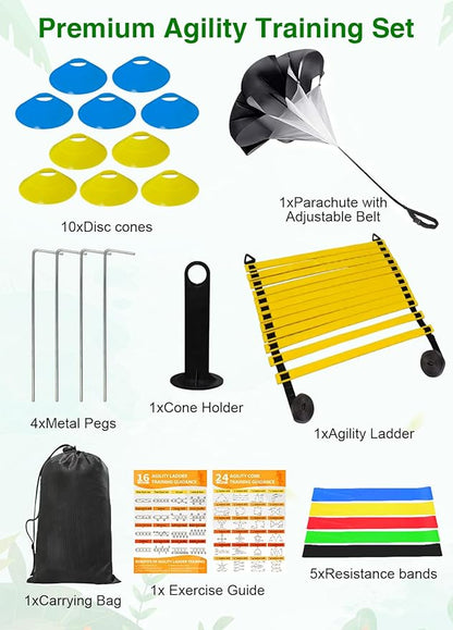Speed Agility Training Equipment Set - 20ft Agility Ladder, 10 Disc Cones, Resistance Parachute, 5 Resistance Bands & Carry Bag | Football Soccer Basketball Fitness Drills