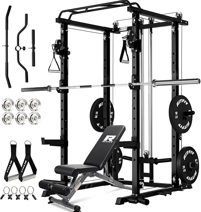 RitFit Multi-Function Garage & Home Gym Package Includes 1200LBS Power Cage PPC03/P3 with Cable Crossover System, Weight Bench, Olympic Barbell Weight Set, Full Body Workout