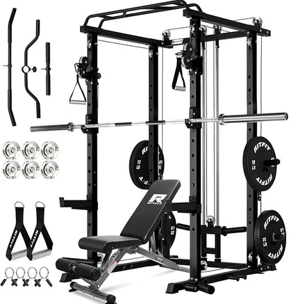 RitFit Multi-Function Garage & Home Gym Package Includes 1200LBS Power Cage PPC03/P3 with Cable Crossover System, Weight Bench, Olympic Barbell Weight Set, Full Body Workout