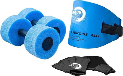 Aqua 6-Piece Fitness Set - Adult Water Aerobics Equipment for Pool - Includes Aquatic Swim Belt, Resistance Gloves, and Dumbbells