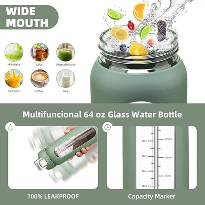 64 oz Glass Water Bolttles with Straw Half Gallon Large Motivational Water Bottle with Time Marker Sports Water Bottles with Silicone Sleeve and Handle Lid Water Jug for Gym Workout