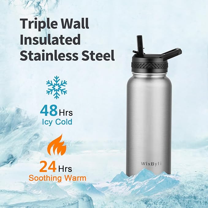 32 oz Insulated Water Bottle with Straw, Stainless Steel Triple Wall Vacuum Sports Water Jug, Leakproof Hydro Cup Flask with Paracord Handle & Straw Spout Lids & DIY Stickers