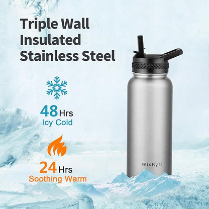 32 oz Insulated Water Bottle with Straw, Stainless Steel Triple Wall Vacuum Sports Water Jug, Leakproof Hydro Cup Flask with Paracord Handle & Straw Spout Lids & DIY Stickers