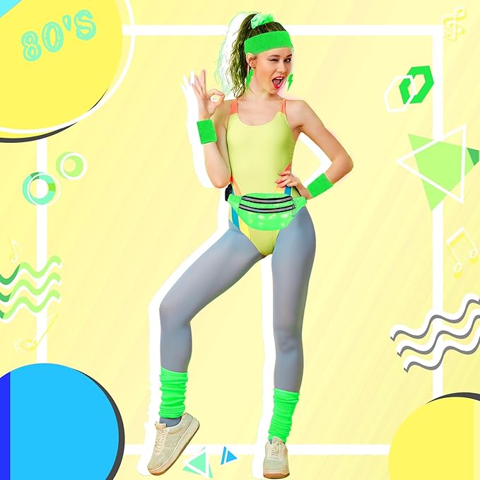 80s Neon Workout Costume Accessories Set 10 PCS Leg Warmers for Women 80s Headband Wristband Fanny Pack for Yoga Running