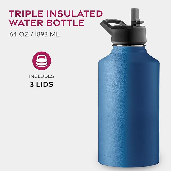 FineDine Triple Walled, Insulated Water Bottles with Straw - 64 Oz Stainless Steel Metal Bottle W/ 3 Leak Proof Lids - For Travel, School, Sports, Gym/Men, Women & Kids - Majestic Sapphire