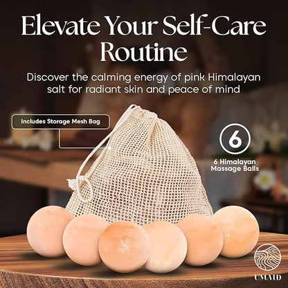 UMAID Himalayan Salt Massage Balls 6-Pack with Cotton Mesh Bag, Natural Therapy Stones for Hot & Cold Muscle Relief, Relaxation & Spa Massage, Warm in Microwave or Chill in Freezer