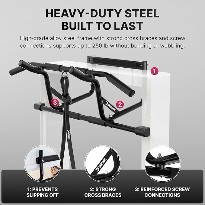 DMoose Fitness Pull Up Bar for Doorway - Upto 250 Lbs Capacity, No Screwing or Slipping, Hanging Pullup & Chin Up Bar for Door Frame - Multi Padded Grips for Strength Training with Installation Guide