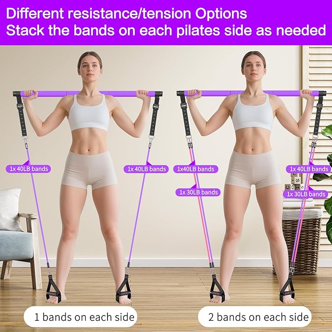 Pilates Bar Kit with Resistance Bands,Pilates Bar with Stackable Bands Workout Equipment for Legs,Hip,Waist and Arm,Exercise Fitness Equipment for Women & Men Home Gym Yoga Pilates