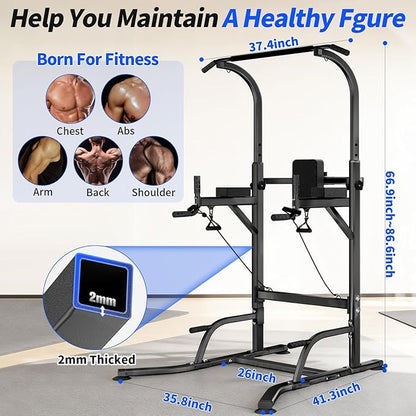 Pull Up Bar Power Tower Dip Station, Adjustable Strength Training Equipment for Home Gym Workout, Multi-Function Pull Up and Dip Bar