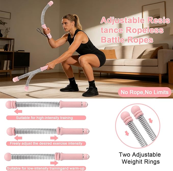 Adjustable Ropeless Battle Ropes, Heavy Duty Cordless Battle Rope, Non-Slip Spiral Handles, Variable Resistance Exercise Ropes, Low Impact Strength HIIT Cardio Fitness Equipment for Home Gym Men Women