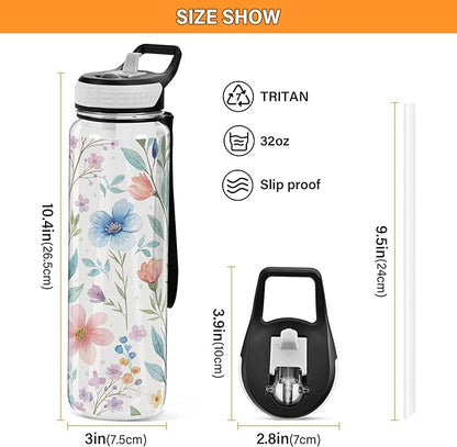 Burbuja Watercolor Floral 32 oz Water Bottle with Straw Lid, Leakproof & BPA Free Tritan Bottle for Gym Fitness Outdoor Sports