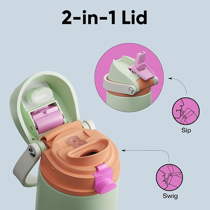 Insulated Water Bottle with Straw - Encool Stainless Steel Water Bottle with Push Button Lid, Leak-Proof & BPA-Free, Keeps Cold for 24 Hours for Sports, Travel, Gym (24 oz, Geyser Green)