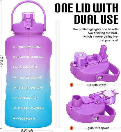 HydroPal 1 Gallon Water Bottles with Straw, 128 oz Water Bottle BPA Free Innovative 2-IN-1 Lid Gym Bottle with Times to Drink Motivational, Large for Sports Fitness Camping Water Jug （13.8X5.5 inch）