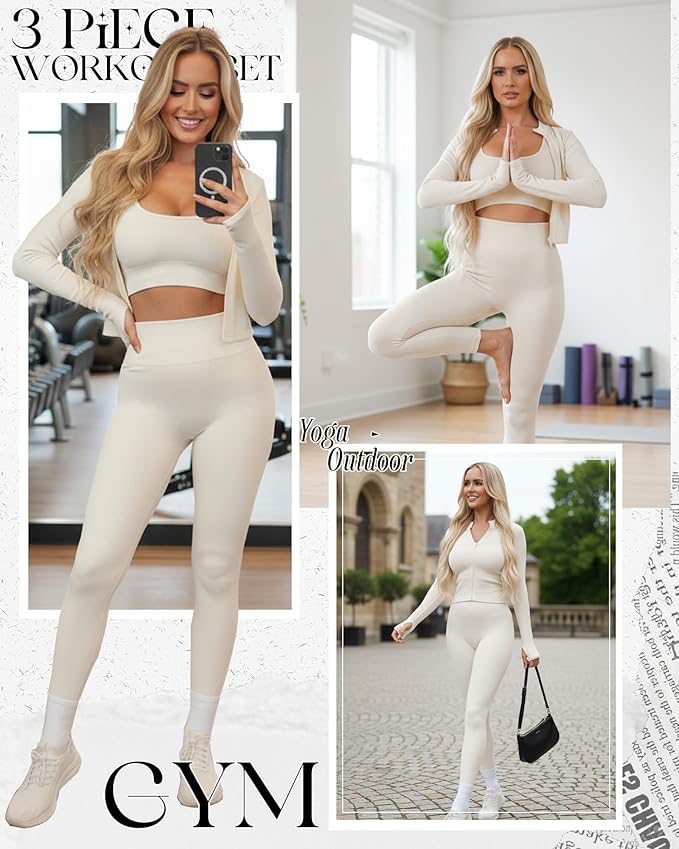 Women 3 Piece Seamless Workout Set Sports Bra High Waisted Gym Yoga Leggings Zip Up Jacket with Thumbhole Activewear