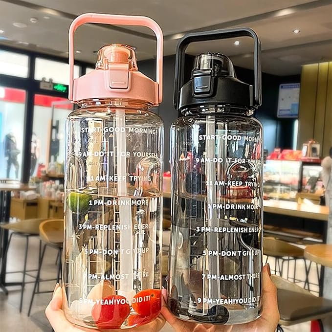 Sports Water Bottle with Straw, 2000ML Large Capacity Plastic Water Cup with Time Water Bottle Portable Strap Transparent Drinking Water Bottle with Times Scale for Gym Outdoor Fitness(Pink)