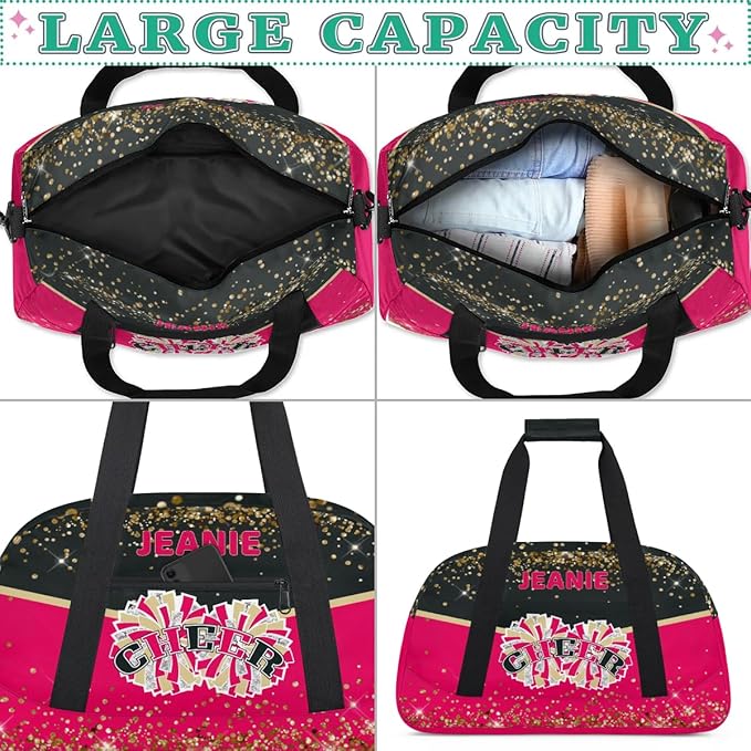 Personalized Cheer Gym Bags for Girls Kids Cheerleaders with Custom Name Sport Dance Perform Training Duffel Bags for Overnight Weekender Travel Black Red