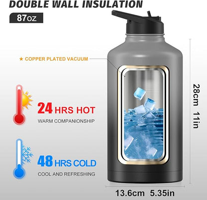 87oz Insulated Water Bottle (Cold for 48 Hrs),BPA Free&Leak Proof,1.5 Gallon Stainless Steel Water Flask,Water Jug with Straw Spout Lids for Gym,Hiking,Camping,Grey Black