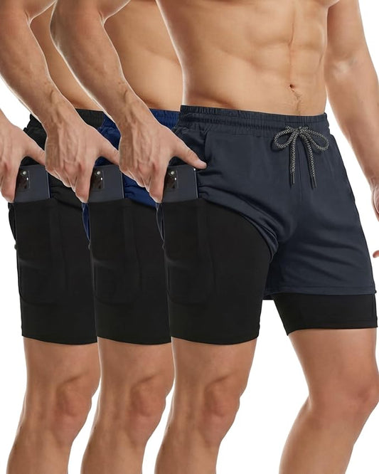 Sureio 3 Pcs Men's 2 in 1 Workout Running Shorts 5 Inch Quick Dry Athletic Gym Shorts with Liner and Side Pockets Towel Loop