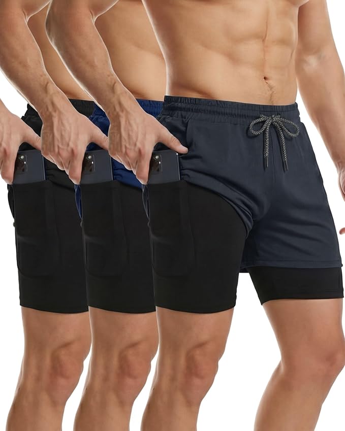 Sureio 3 Pcs Men's 2 in 1 Workout Running Shorts 5 Inch Quick Dry Athletic Gym Shorts with Liner and Side Pockets Towel Loop