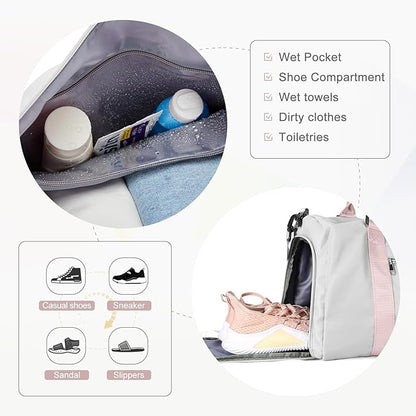 Gym Bag for Women with Shoes Compartment Small Duffel Bag Sport bag with Toiletry Bag Overnight Travel Tote Bags Weekender Carry on Bags Personal Item Bag for Airlines Grey Pink