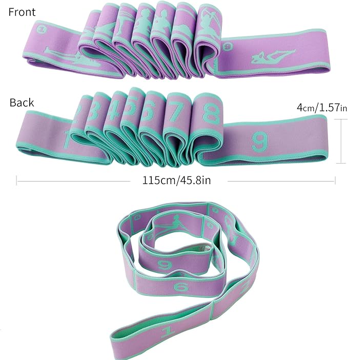 Elastic Yoga Stretching Strap with 9 Loops Pattern Guide, Stretch Straps for Pilates, Dance, Gymnastics Physical Therapy, Multi-Loop Adjustable Exercise Bands