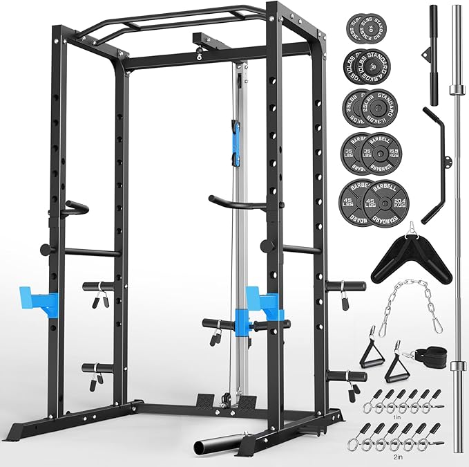 Power Cage, Multi-Functional Power Rack with J-Hooks, Dip Handles, Landmine Attachment and Optional Cable Pulley System for Home Gym
