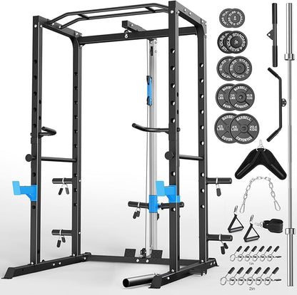 Power Cage, Multi-Functional Power Rack with J-Hooks, Dip Handles, Landmine Attachment and Optional Cable Pulley System for Home Gym