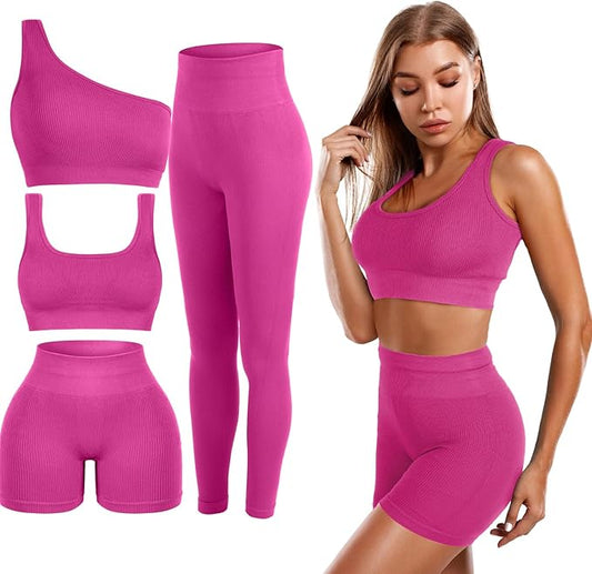 4 Pcs Women's Workout Sets Pilates Exercise Outfit Ribbed Scoop Neck Sports Bra Shorts Leggings Gym Clothes Set