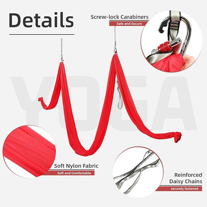 HECASA 6M Yoga Swing Silk Fabric Aerial Yoga Hammock Hanging Swing Kit w/Daisy Chain O-Ring Sling Inversion Workout Equipment Home Gym Set Indoor & Outdoor Red 6.56 Yards