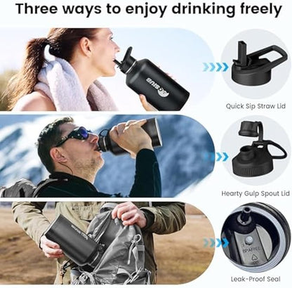 Insulated Water Bottle 40 oz, Triple Wall Vacuum Stainless Steel(Cold for 48 Hrs),Leak Proof & BPA-Free,Half Gallon Water Bottle with Reflective Paracord & Flip Straw for Sports & Travel, Black