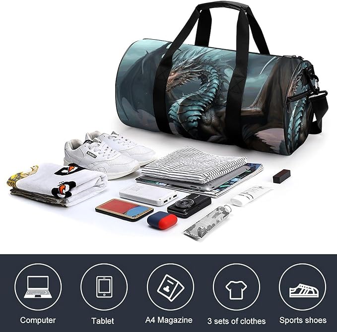Sports Gym Bag for Women Men Travel Duffel Bag Cool Dragon Weekender Bag Canvas Carry on Overnight Bag for Travel Swimming Fitness Workout Sports Duffle Bag, 17.7in/9in/9in, style