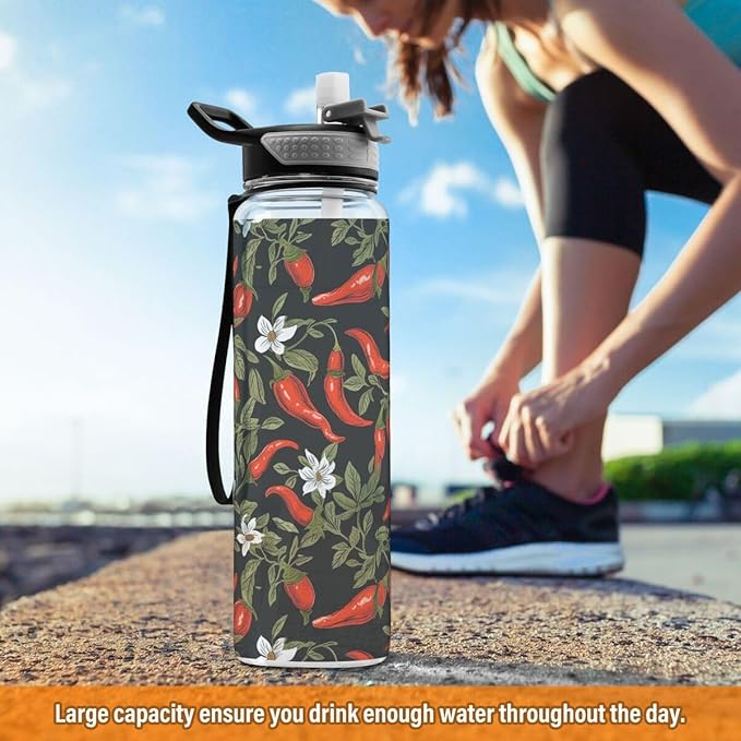 ALAZA Pepper Chili Leaves Flower Floral Sports Water Bottle with Straw Tritan Drink Bottle 32 oz BPA Free Reusable for Travel Outdoor Fitness