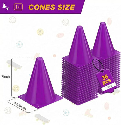 36pcs Cones 7 Inch Soccer Cones and Plastic Traffic Cones, Durable Cones for Sports Training, Ideal for Soccer, Basketball, Football, Skating, and Agility Drills Practice