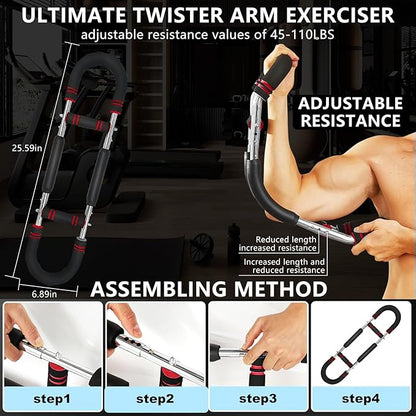 Twister Arm Trainer, Adjustable Chest Exerciser with 4 Spring, Detachable Power Twister Bar for Men Women, Portable Upper Body Strength Training Machine, Spring Resistance Fitness Equipment