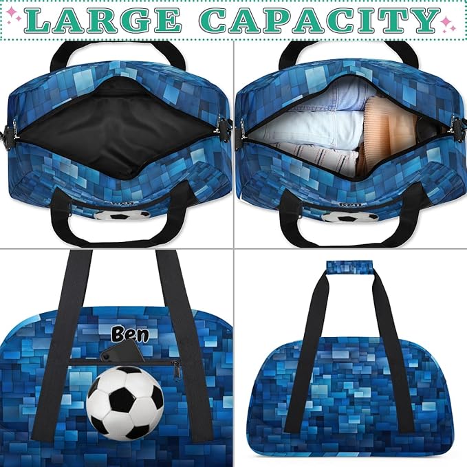 Personalized Gym Duffel Bag for Boys - Customized Training, Cheer, Travel & Overnight Bag - Blue Geometric Pattern