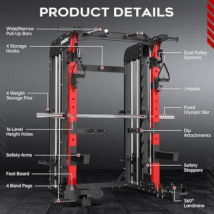 pooboo Multi-Functional Machine Power Cage, 2000LB Squat Rack, LAT-Pull Down System, Dual Pulley Cable Crossover System, Home Gym Workout Machine with Strength Training Attachments