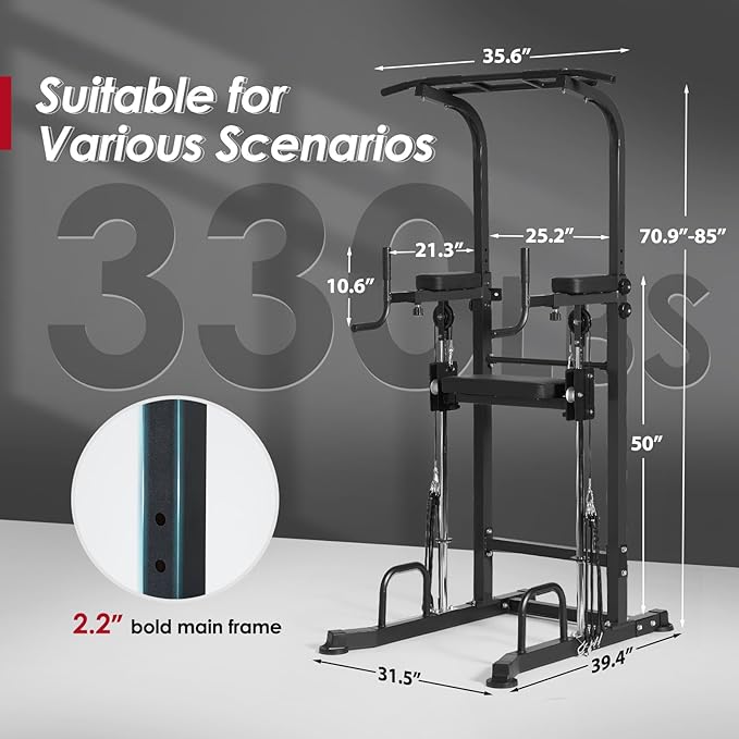 SogesGame Power Tower pull up dip station,Multi Function Adjustable Height Pull Up Bar of Assisted Pad,Strength Training Exercise Equipment with Elastic Rope for Home Gym Workout,330 Lbs