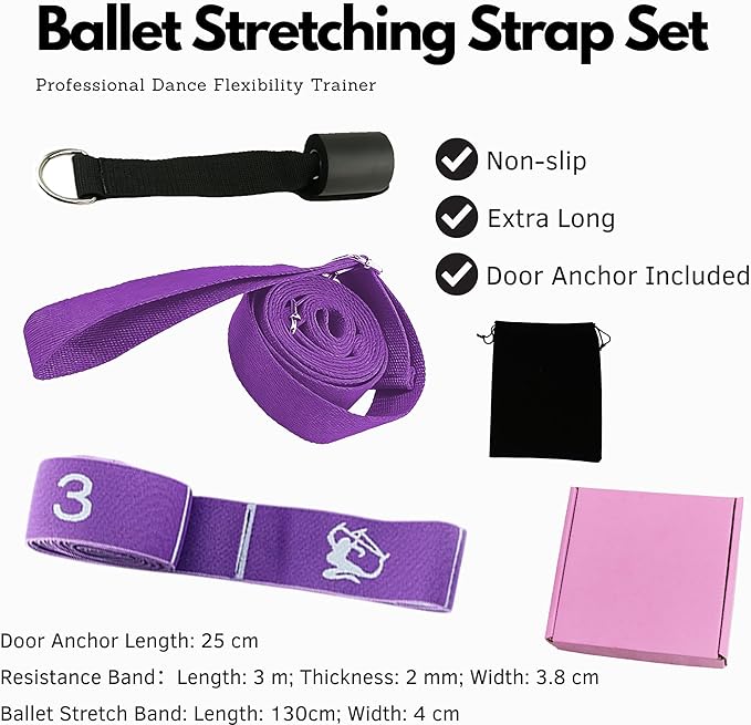 Danzcue Ballet Stretch Strap Set – Professional Dance Flexibility Trainer with Door Anchor, Extra Long Non-Slip Stretching Bands for Ballet, Jazz, Contemporary & Gymnastics