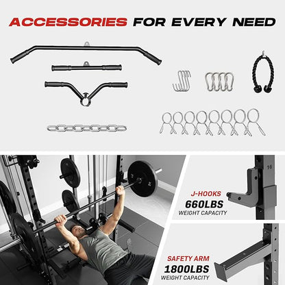 Power Cage Home Gym, Dual Pulley Cable Crossover System, All-in-One Squat Power Rack with Strength Training Attachments for Full-Body Workouts
