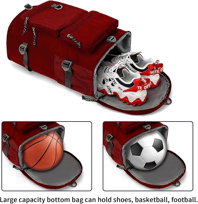 Solid color gym duffel bag backpack, wrestling bag,with shoe compartment, 4 kinds of back method waterproof travel sports walking laptop Lightweight (B-Magenta Red)