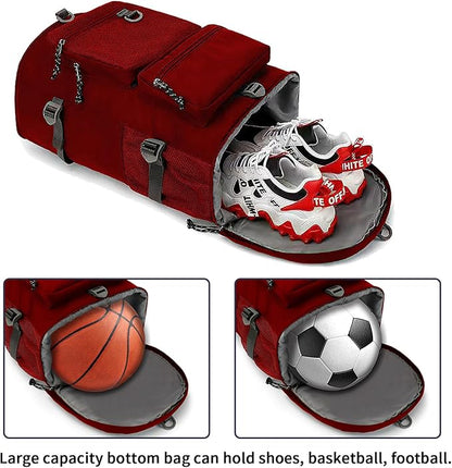 Solid color gym duffel bag backpack, wrestling bag,with shoe compartment, 4 kinds of back method waterproof travel sports walking laptop Lightweight (B-Magenta Red)