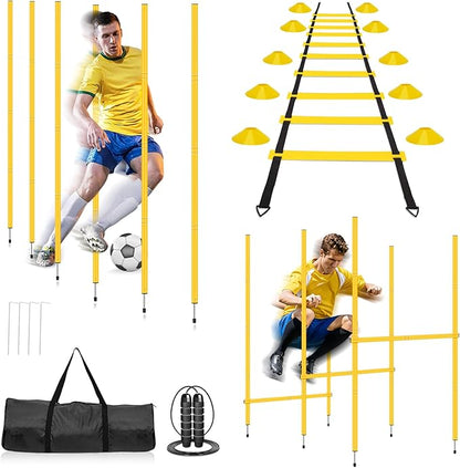 Agility Training Set: 3 Adjustable Speed Hurdles, 6 Agility Poles, 1 Agility Ladder, 12 Soccer Cones & Jump Rope, Multi-Function Soccer Training Equipment for Athletes, Amateurs, Youth