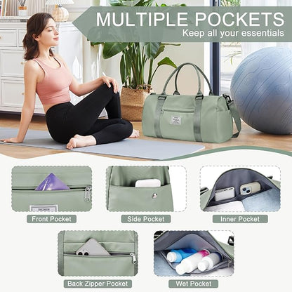Gym Bag for Women with Shoes Compartment,Small Duffel Bag Sport bag with Toiletry Bag Overnight Travel Tote Bags Weekender Carry on Bag Personal Item Bags for Airlines Grey Green